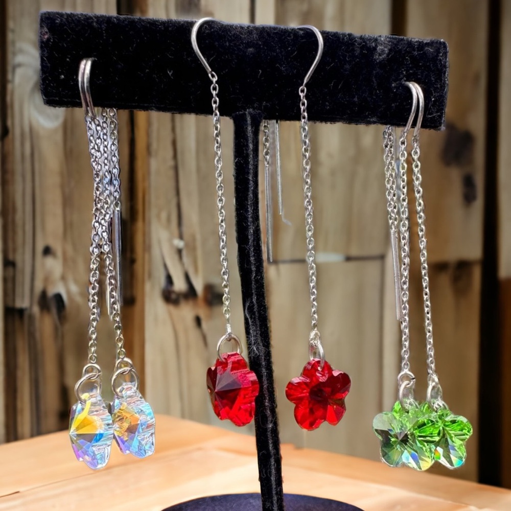 Handmade Plumeria Flower Swarovski Sterling Silver Threader Earrings